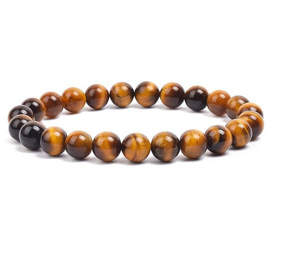 A unisex 8mm polished agate and amethyst stretch bracelet featuring smooth round tiger eye beads with a natural golden-brown and dark brown striped pattern.