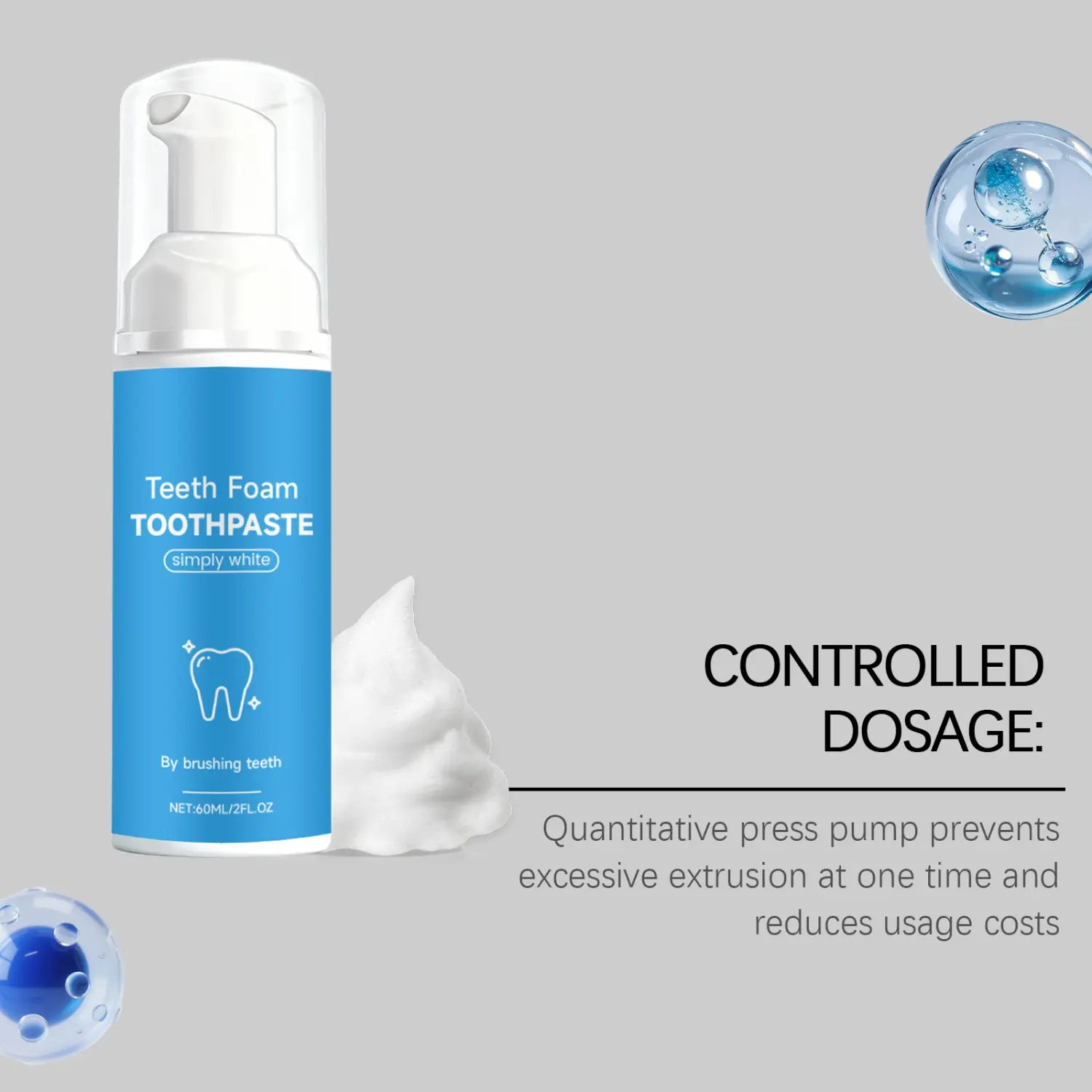 Blue bottle of foam toothpaste simply white mousse with a white pump dispenser and simply white branding.