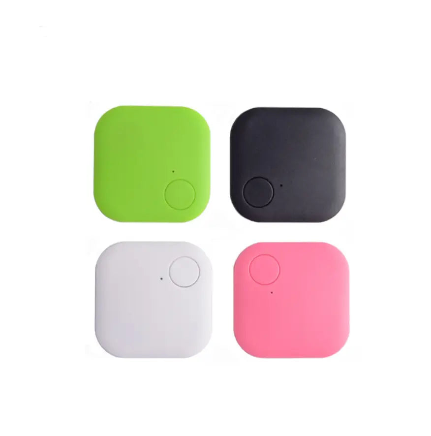 Four square-shaped Bluetooth trackers in lime green black white and pink for anti lost GPS key finder use in a 4 pack set.