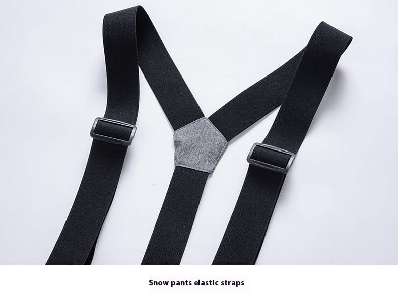 Black elastic straps with black plastic buckles and a gray fabric patch on men waterproof thermal snow pants.