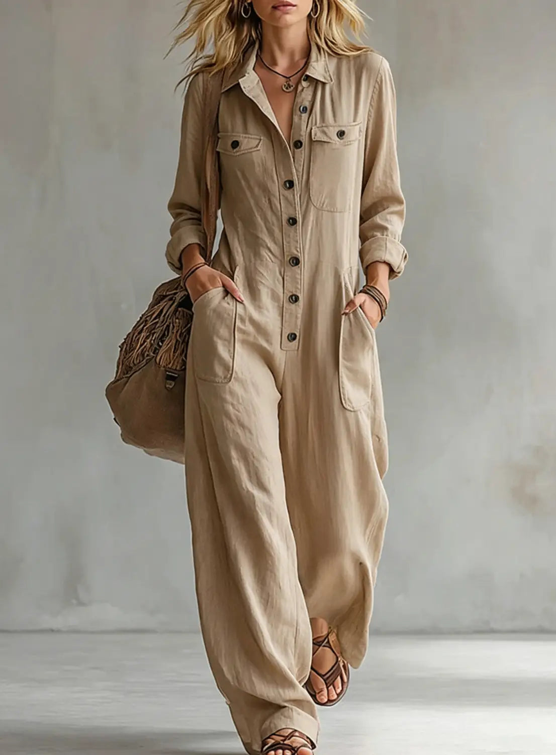 Beiger Leinen-Casual-Jumpsuit mit langen Ärmeln, Knopfleiste und zwei Brusttaschen, geeignet für die Arbeitskleidung.