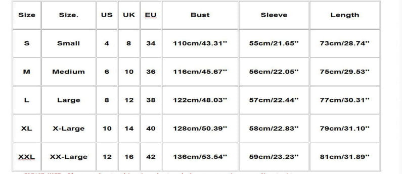 La tabla muestra tablas de conversión de medidas en centímetros y pulgadas para una chaqueta acolchada tipo zip-up con estampado de vaca disponible en tallas S a XXL.
