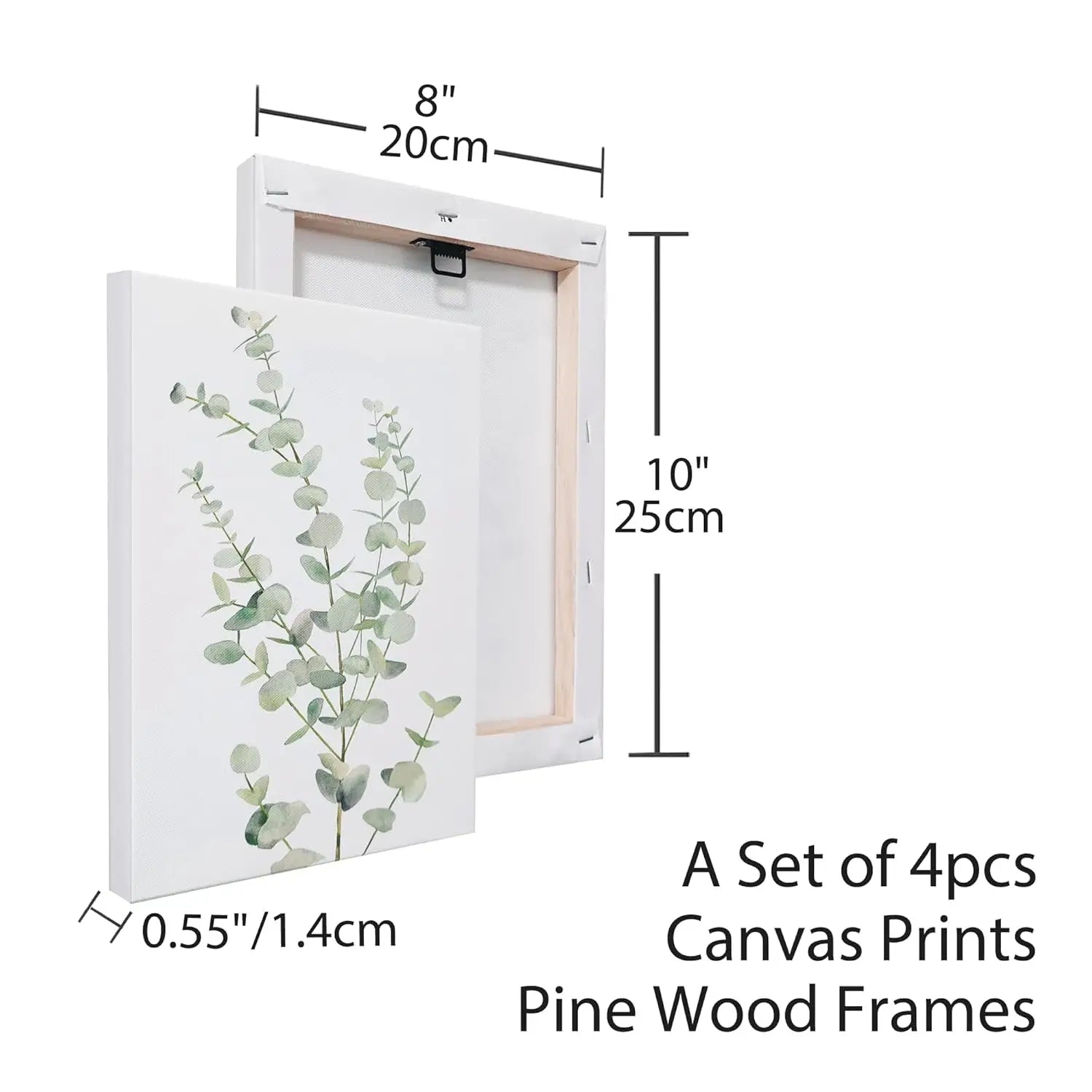 a set of four framed botanical canvas wall art prints featuring delicate eucalyptus branches in soft green and gray tones mounted on light pine wood frames