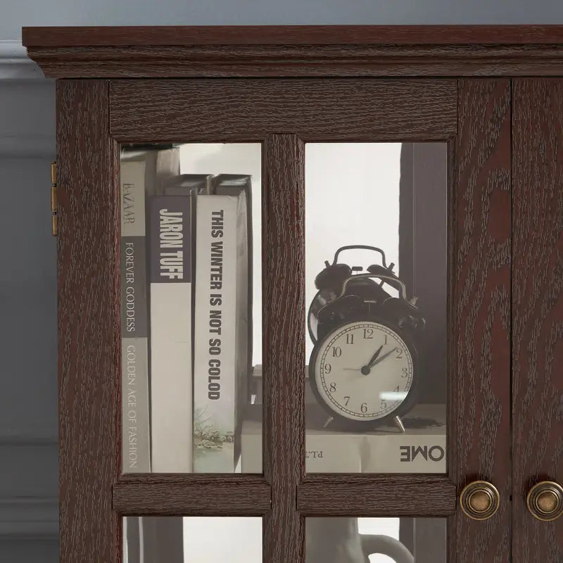 Dark wood led curio display cabinet with glass-paneled doors, brass knobs, and adjustable shelves for versatile storage and display.