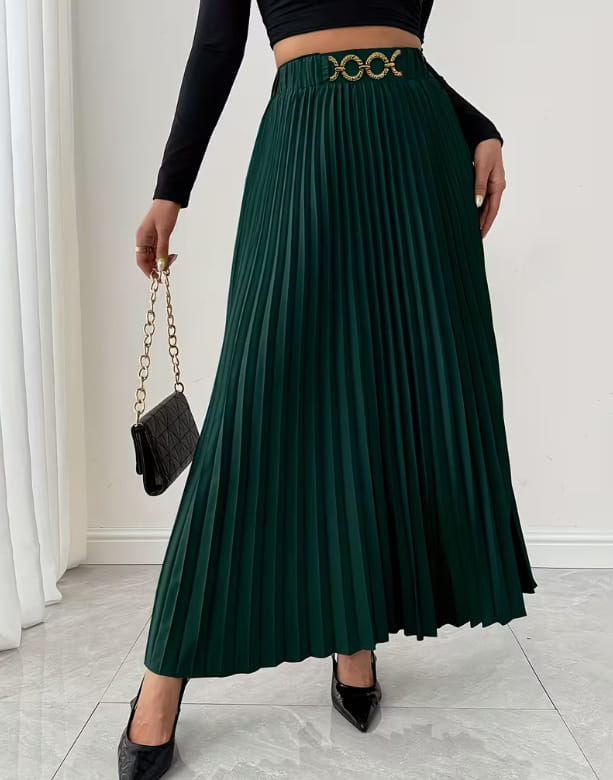Emerald green high-waisted pleated midi skirt with a gold-toned decorative belt buckle and an a-line silhouette.