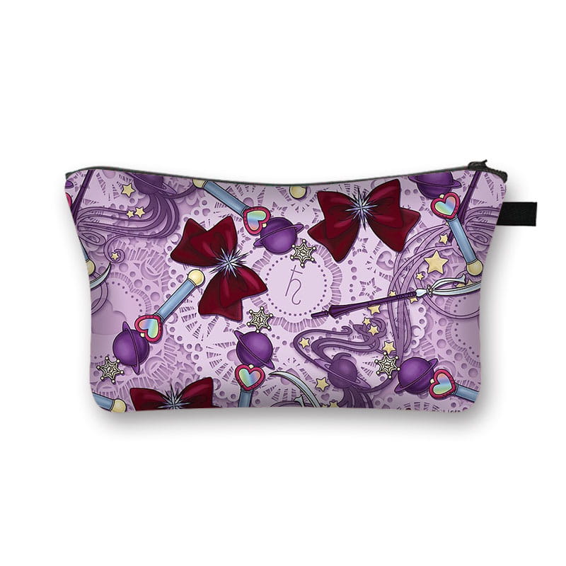 A lavender-patterned cosmetic bag featuring a whimsical design with red bows purple candy canes and star motifs for travel and daily use.