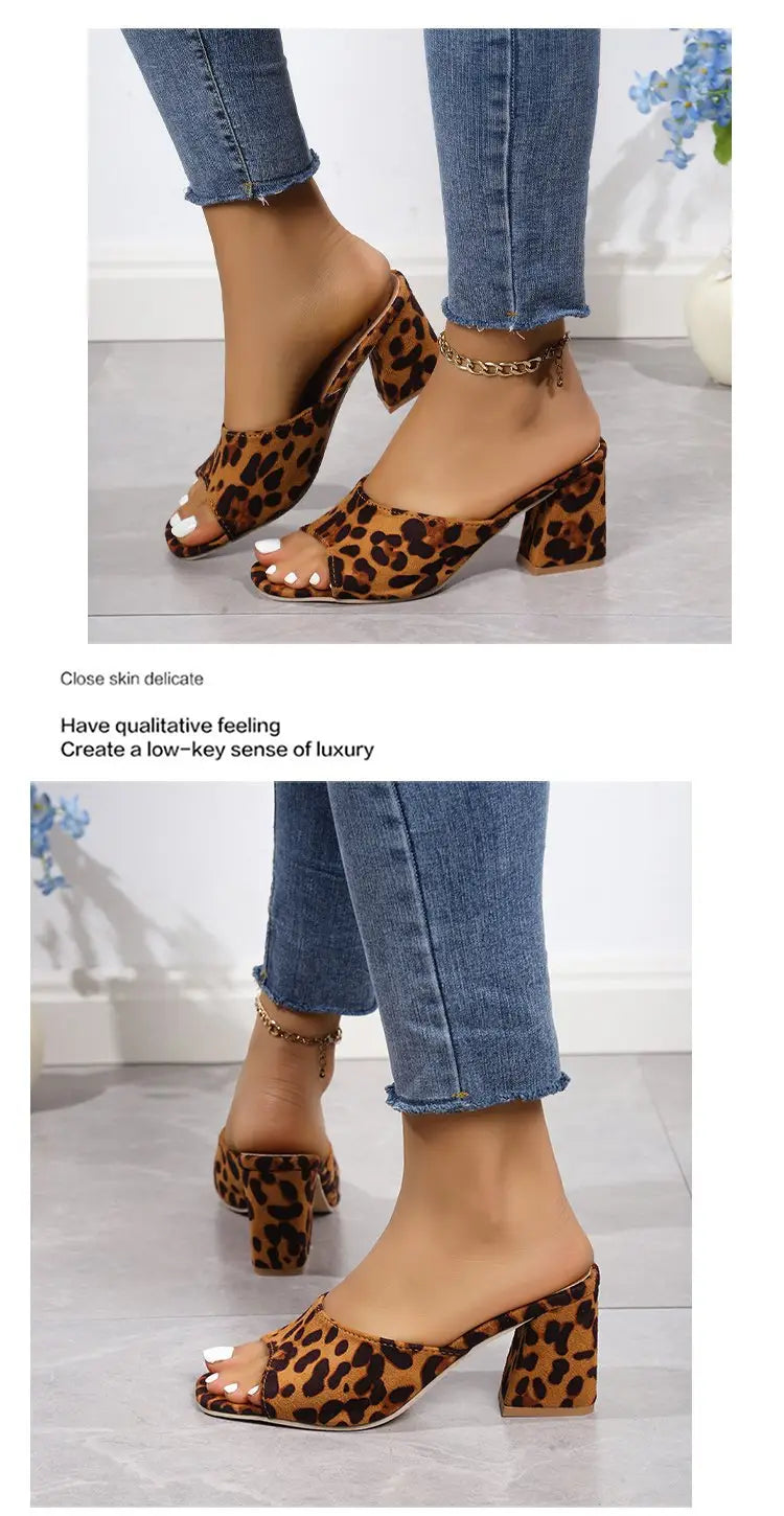 leopard square toe chunky heel mule sandals in red white and tan with leopard print and block heels