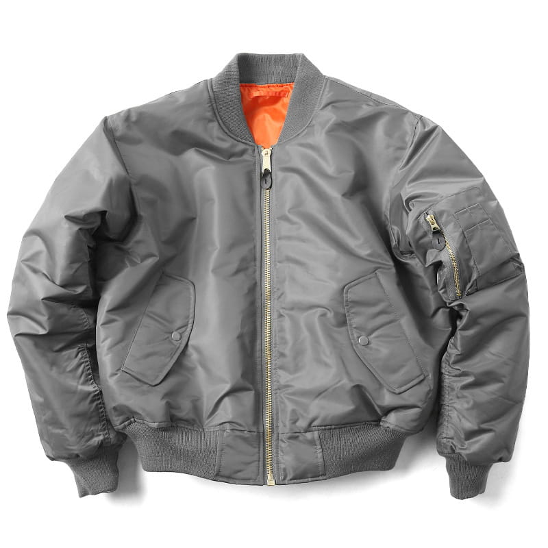 Men’s pilot cotton bomber jacket in gray with bright orange lining and gold-toned zipper details.