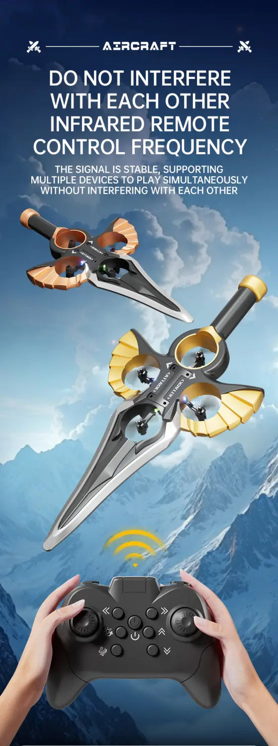 black and gold sword-shaped drones with propellers designed for simultaneous remote control in the flying sword drone gold robot battery kids toy.