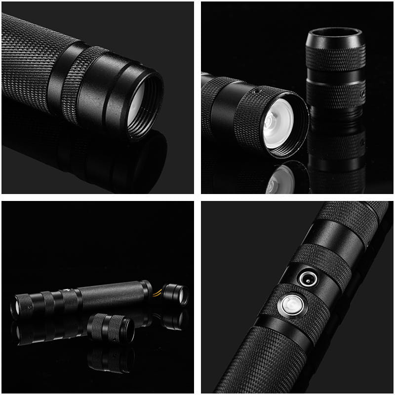 Lampe de poche tactique noire avec poignée texturée et boutons d’accentuation en argent, présentée comme accessoire faisant partie du sabre laser jouet 2-en-1 en métal rgb