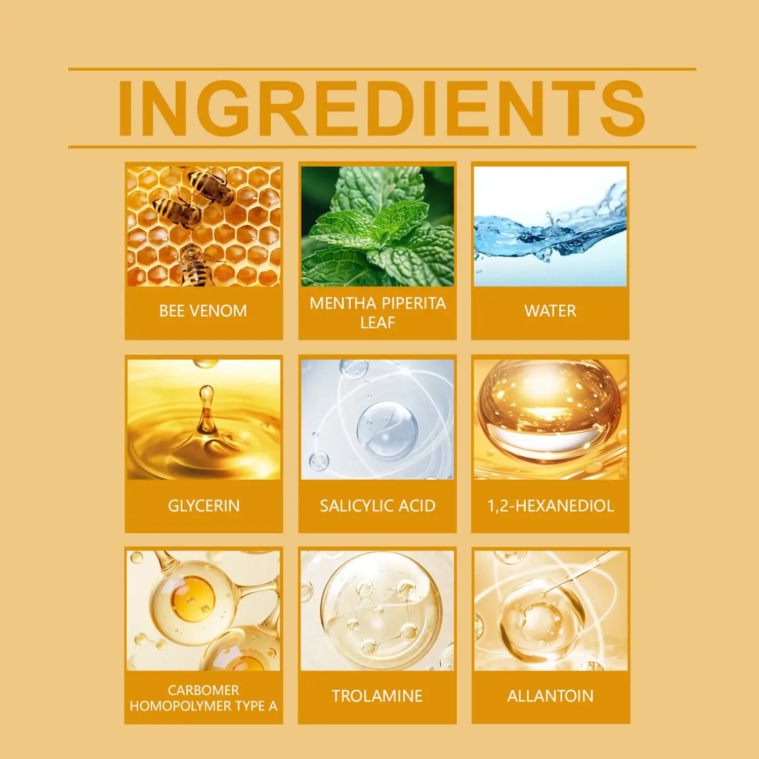 The image displays a grid of nine labeled ingredient icons including bee venom in honeycomb, mentha piperita leaf, and water droplets for the bee venom skin regeneration cream for neck and face.