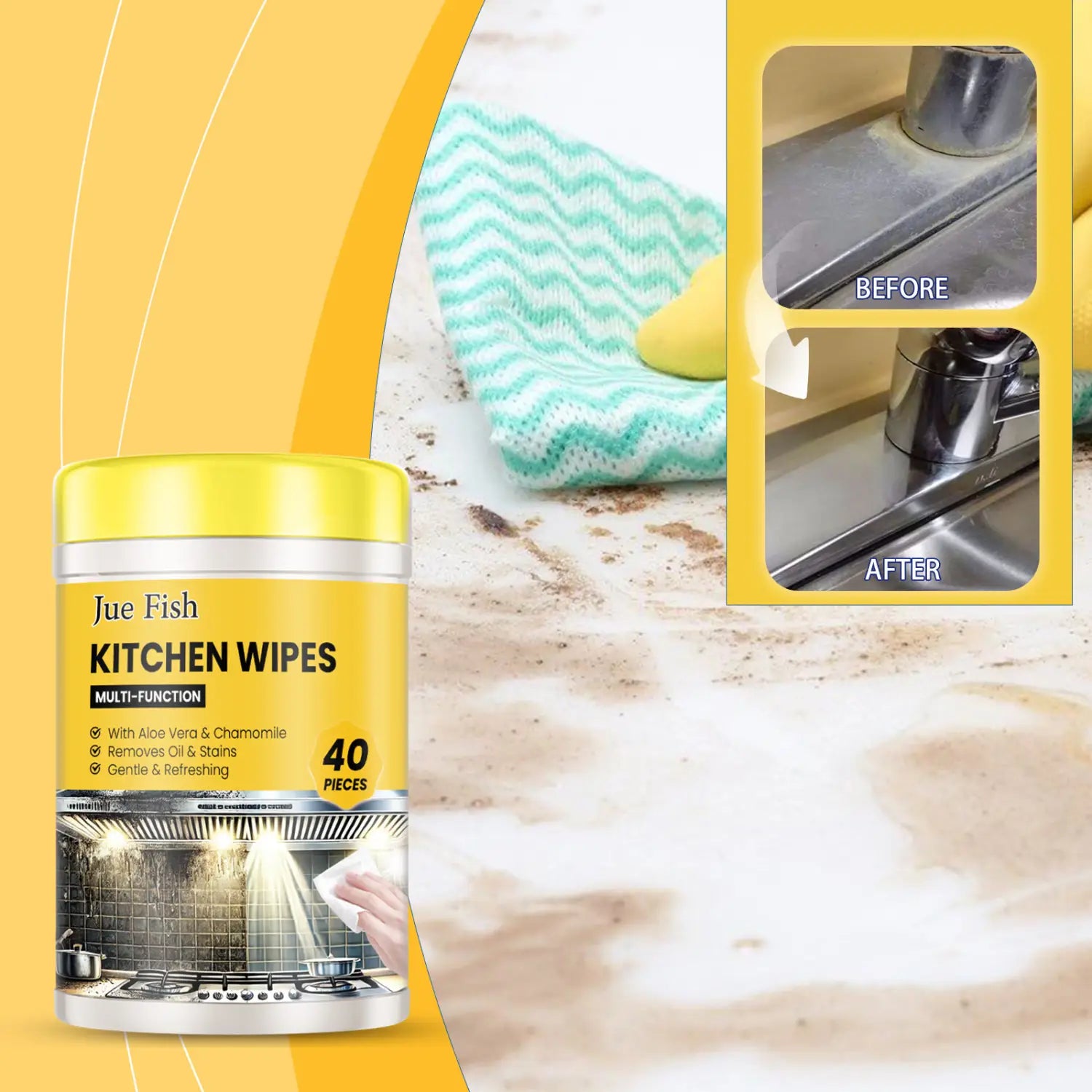récipient cylindrique jaune pour lingettes de nettoyage pour cuisine Jue Fish, contenant 40 feuilles dégraissantes multi-usages infusées à l’aloe vera et à la camomille, pour un nettoyage en douceur.