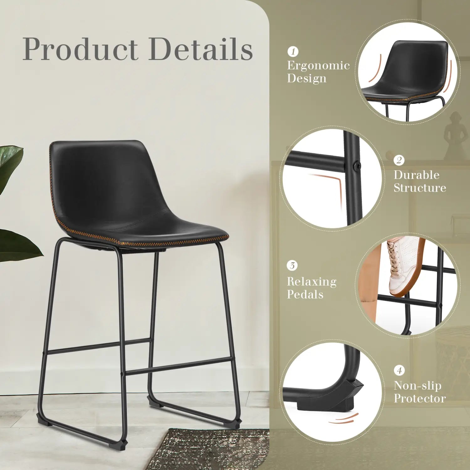 Tabouret de bar en simili cuir noir avec cadre métallique et couture beige, faisant partie d’un ensemble de 2 chaises de comptoir de style milieu du siècle