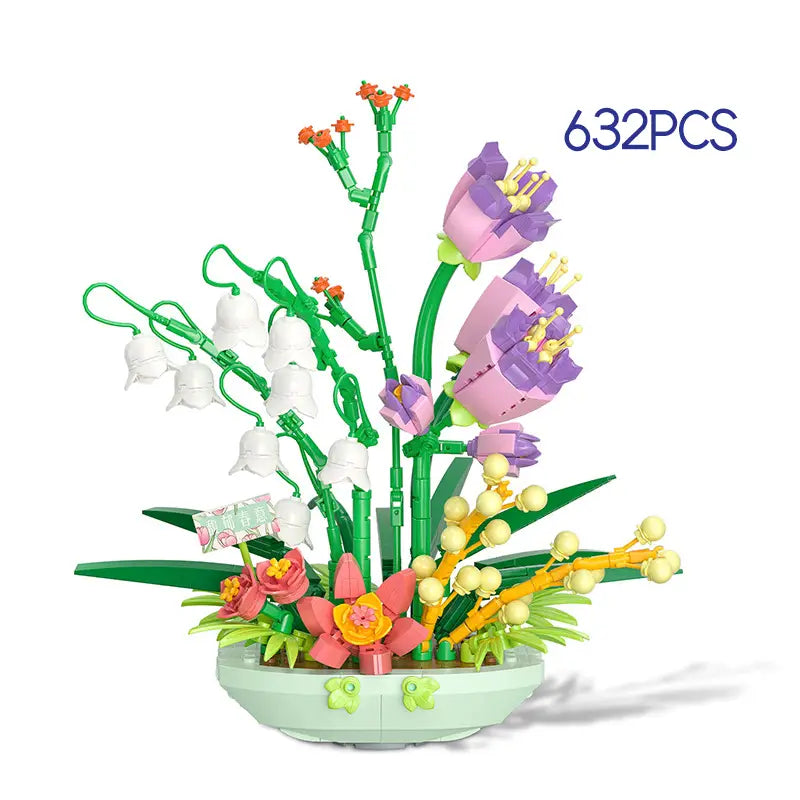 Un ensemble coloré de fleurs en blocs de construction en plastique, mettant en vedette des fleurs violettes et roses avec des centres jaunes et des fleurs blanches en forme de cloche sur une base d’un vert menthe clair.