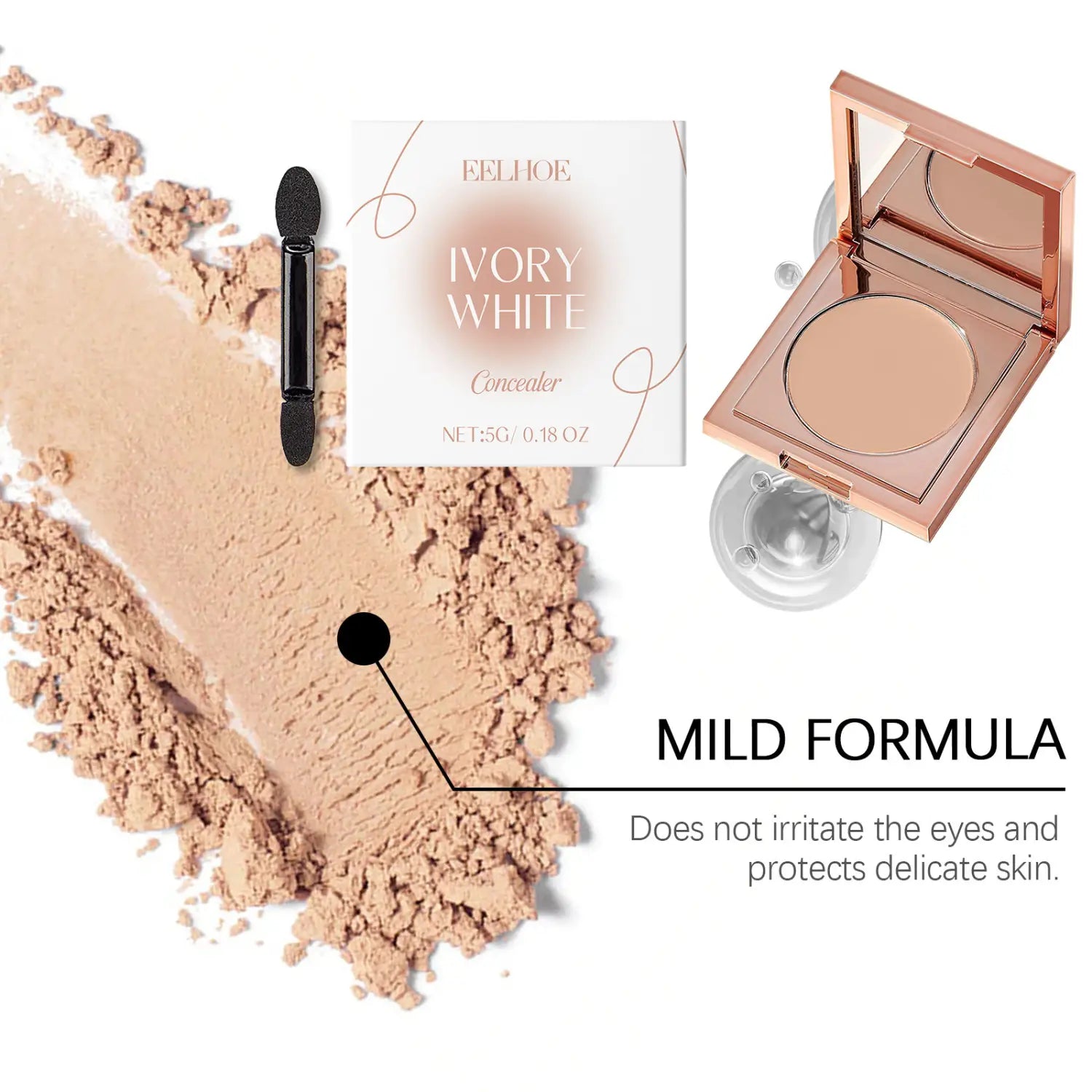 Rose gold compact containing ivory white eye concealer for sensitive skin with creamy coverage and a built-in mirror.