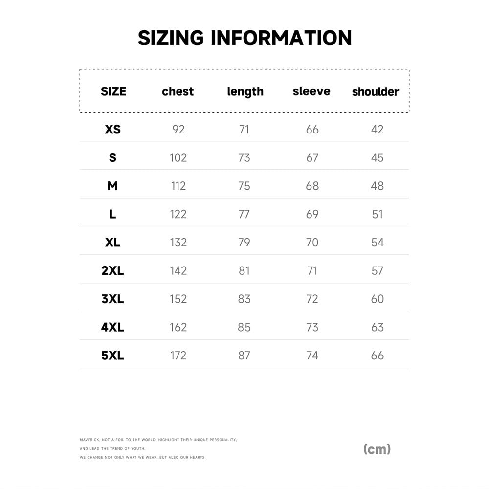 Sizing information chart for printed plush lined windproof winter jacket showing measurements in centimeters from XS to 5XL.