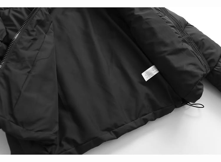 Black hooded puffer cotton coat with quilted stitching and a front zipper closure.