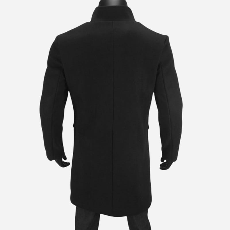 Black woolen overcoat with a notched collar and straight-cut sleeves for men designed as a classic single breasted winter jacket.