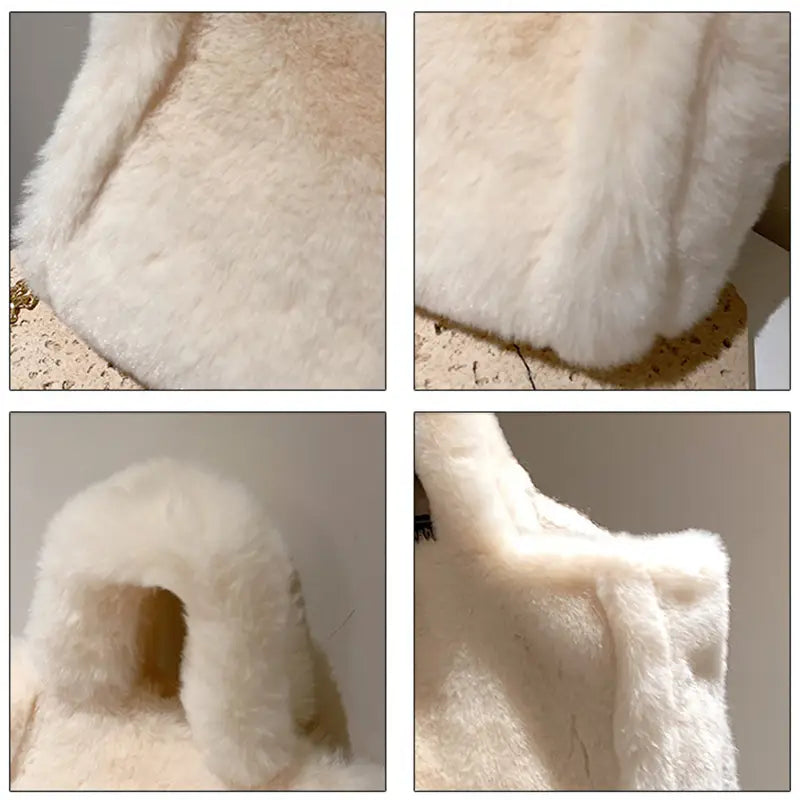 white faux fur pet bed with soft plush texture and cozy arched entrance paired with plush faux fur tote bag with chain strap shoulder bag