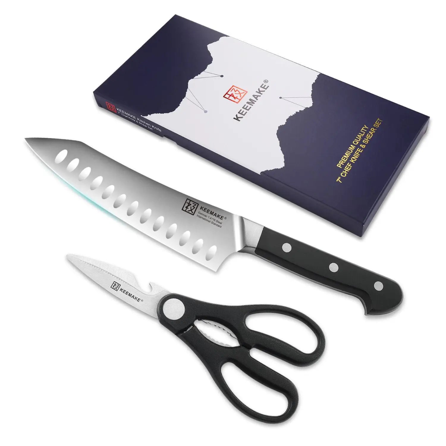 Ensemble de couteaux de chef keenmake avec lame en acier inoxydable haut de gamme, comportant des découpes ovales et des poignées ergonomiques noires fixées par des rivets argentés, incluant des ciseaux de cuisine pour des tâches de coupe polyvalentes.