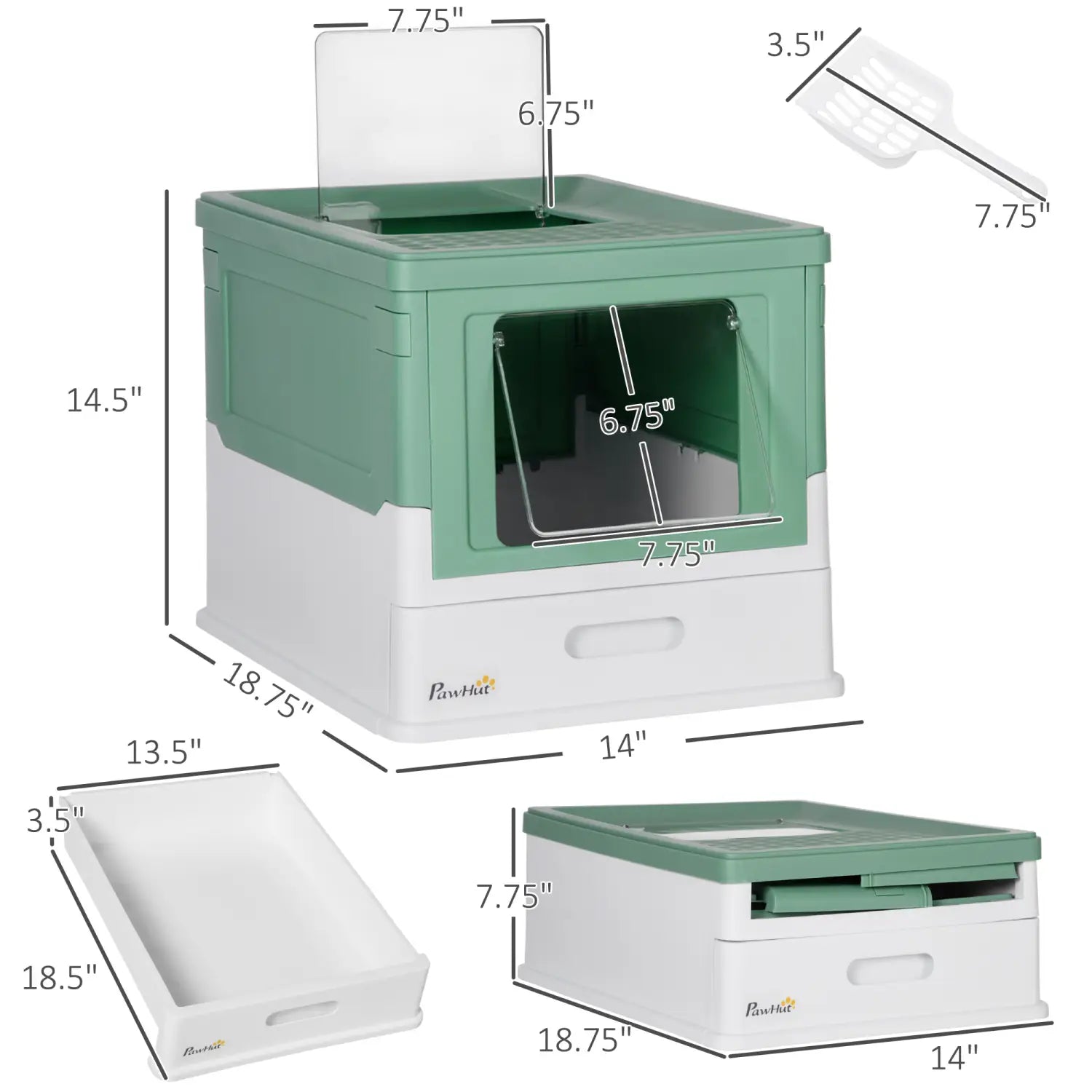 Pawhut-Geschlossene Katzenstreu-Box in zweifarbigem Grün und Weiß mit klarem Frontpaneel, mit einer Höhe von 14,5 Zoll und einer Breite von 18,75 Zoll. Mit klappbarem Design und integriertem Schöpfer für eine praktische Tierpflege.