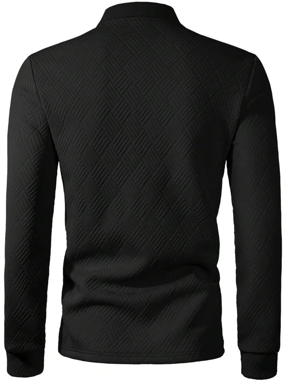 Herren-Poloshirt mit langen Ärmeln und Fischgrätenmuster in Schwarz mit dezenter Textur im Diamantmuster sowie klassischem Kragen.