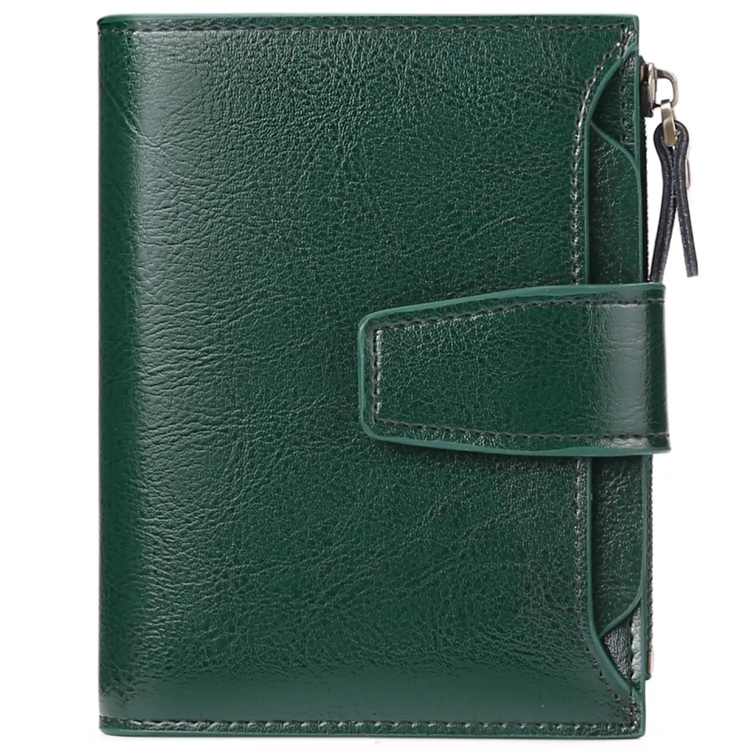 Dark green leather rfid wallet with flap closure zipper on the side and anti theft feature.