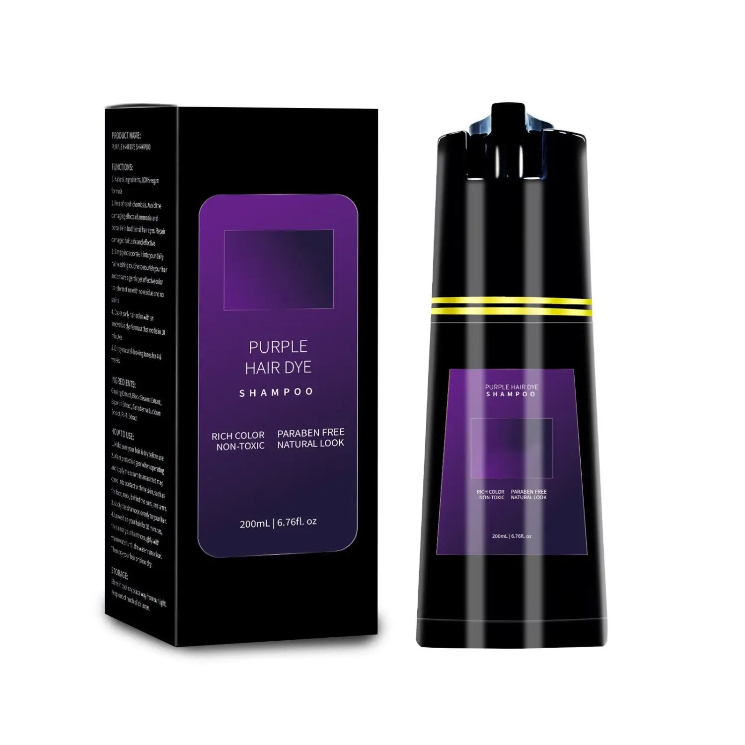 black bottle of dark brown hair dye shampoo with a purple moisturizing formula and gold band alongside matching packaging