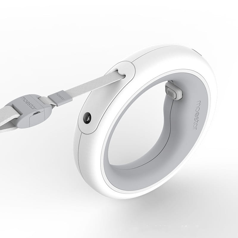 White moesit brand retractable hands free dog leash with led light featuring a sleek circular design and gray strap.