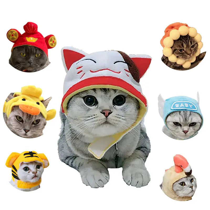 White and red cat-themed plush pumpkin cat hat with embroidered facial features designed as warm pet costume headwear.