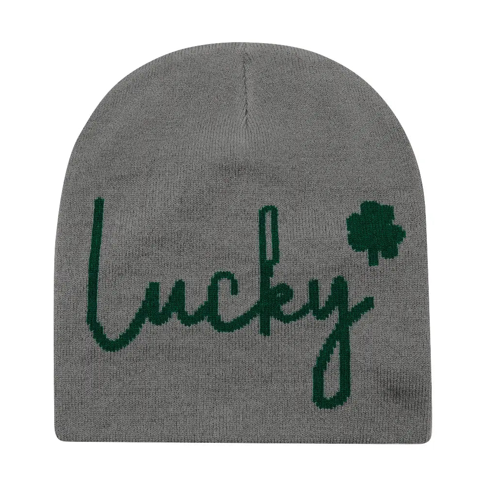 Gray knitted beanie with green lucky cursive text and shamrock embroidery on the side for winter warmth.