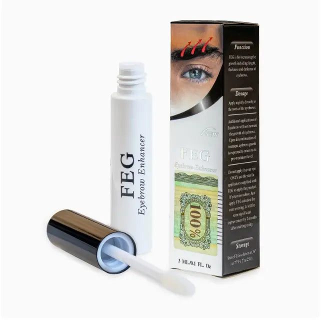 White cylindrical feg eyebrow enhancer growth serum bottle with black cap and white applicator displayed next to its branded packaging for longer brows.