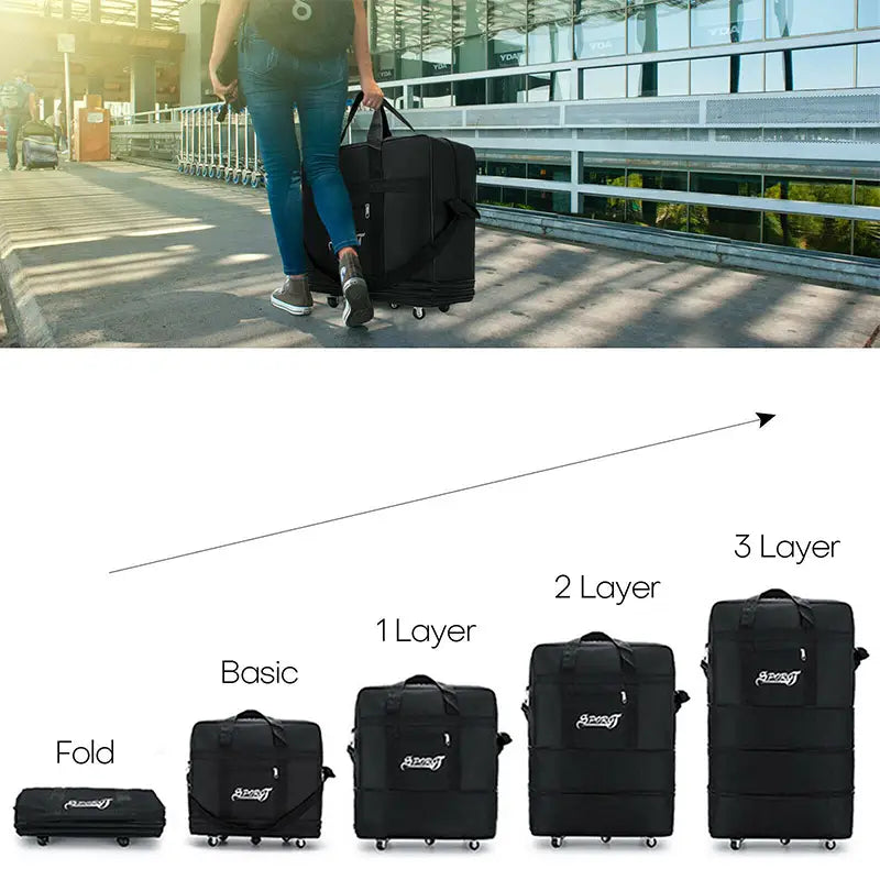 Black foldable 42 inch expandable lightweight rolling travel suitcase made of reinforced fabric with a logo on the front.