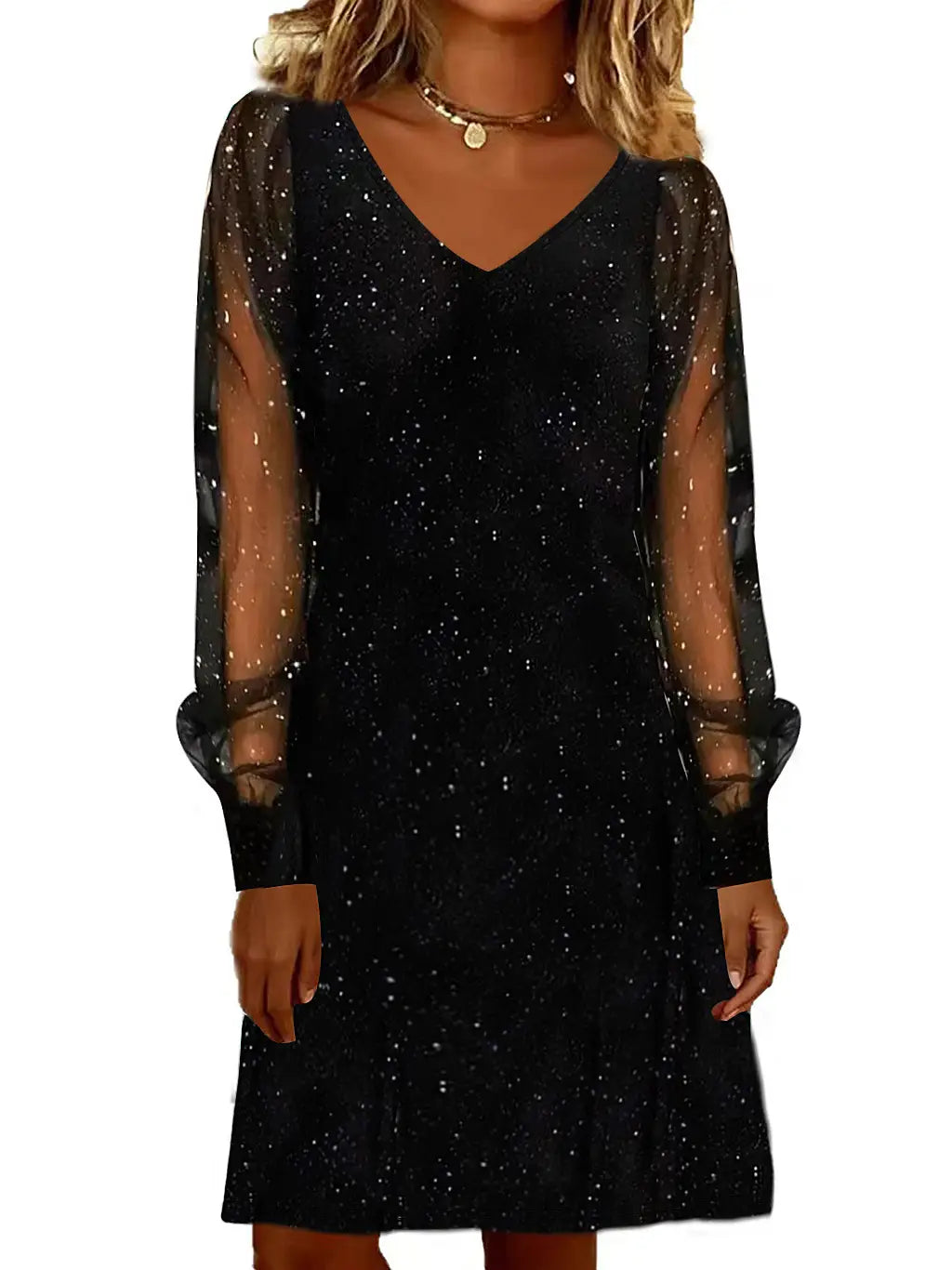 Robe de fête courte noire étincelante, à manches longues en maille transparente et décolleté en V, conçue pour des occasions élégantes