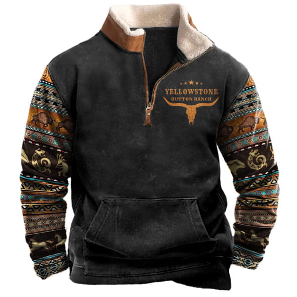 Herren-Yellowstone-Tribal-Print-Viertelreißverschluss-Fleece-Hoodie in Schwarz mit gefüttertem Sherpa-Kragen sowie erdtonigen Tribal-Mustern an den Ärmeln.