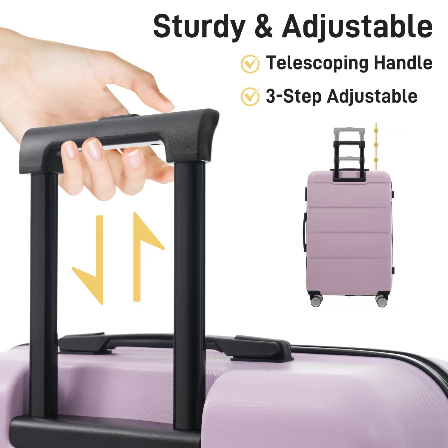 A sleek lavender hard-shell suitcase from a 6 piece luggage set with spinner wheels featuring a black telescoping handle with 3-step adjustable height.