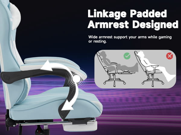 Light blue padded gaming chair with black armrests and linkage design for ergonomic support featuring a footrest and massage lumbar support.