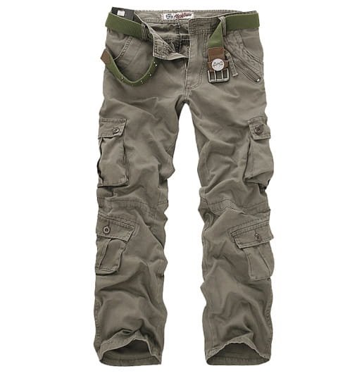 Olive green camouflage cargo trousers for men featuring multiple pockets and a matching belt designed for practical outdoor use.