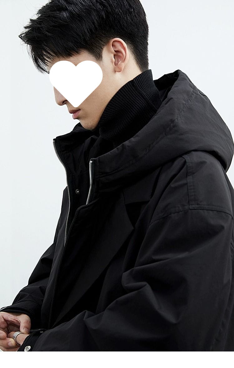 Men hooded trench coat false two piece winter jacket in black featuring a high collar and zipper closure.