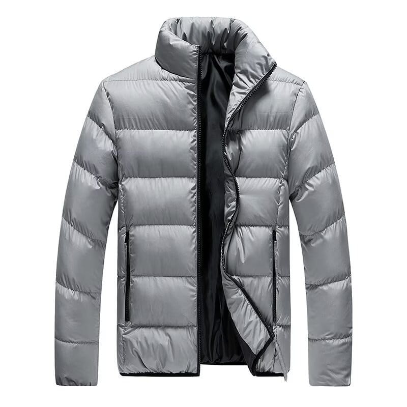 Doudoune matelassée en coton thermique pour hommes en argent, avec col haut et finitions à glissière noire.