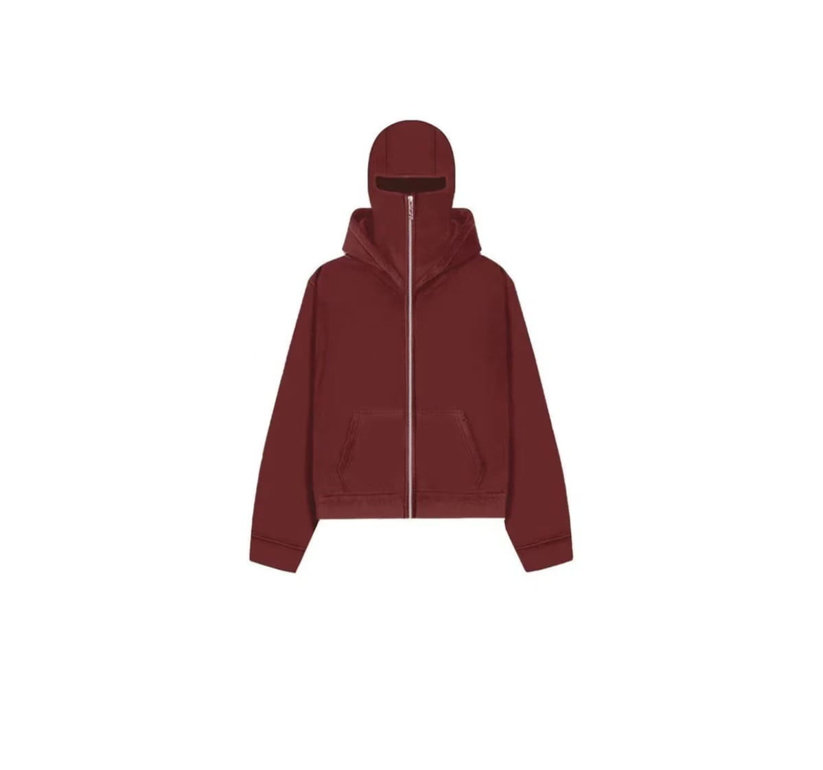 A maroon men’s streetwear hooded fleece zip up baseball jacket with front pockets and a hood.