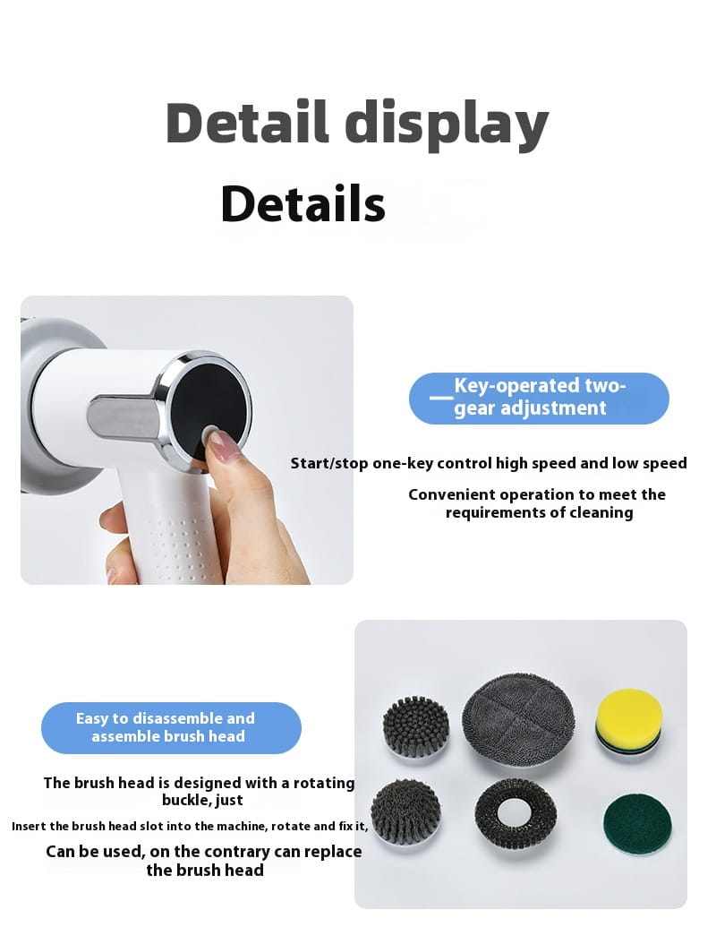 White and chrome electric cleaning brush wireless smart scrubber tool with interchangeable black yellow green and gray bristle heads.