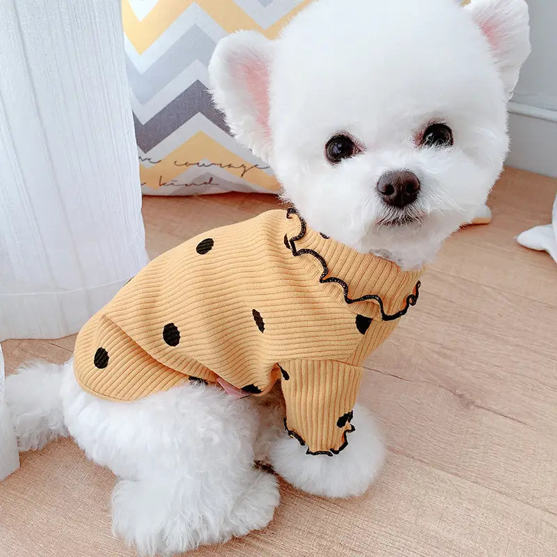Camiseta tipo cuello vuelto de algodón de manga larga con estampado de lunares y diseño de perro