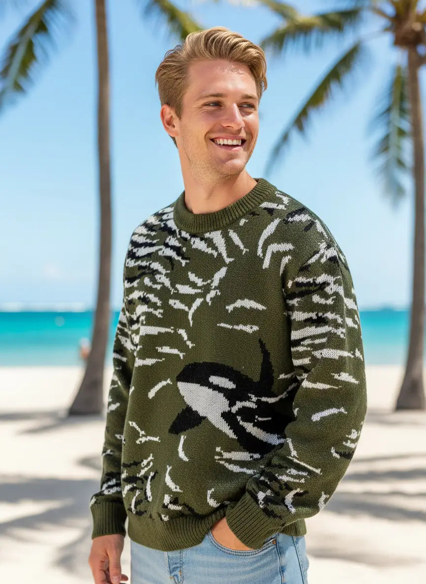 Strickpullover in Olivgrün mit einem auffälligen Schwarz-Weiß-Orca-Design, umgeben von kleineren Fischmustern im Casual-Koreanpullover-Stil.