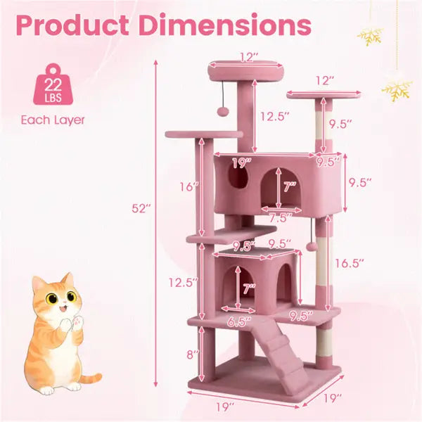 52 Inch Pink Cat Tree Tower with Condos and Perches
