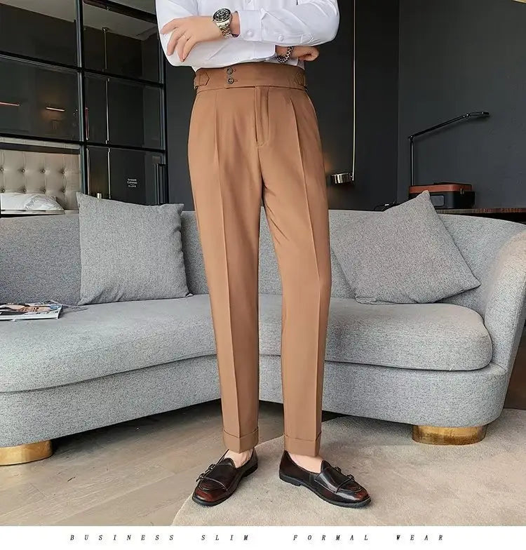 tan-colored slim-fit formal trousers with a high waist and pleated front designed in korean style for men