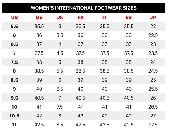 Internationale Größentabelle für Damen-Fußbekleidung mit Umrechnungen für schnürlose Canvas-Sneaker mit gestreiftem Design sowie für seitlich aufschlüpfbare Loafer im US-, DE-, UK-, FR-, IT-, ES- und JP-Größensystem.