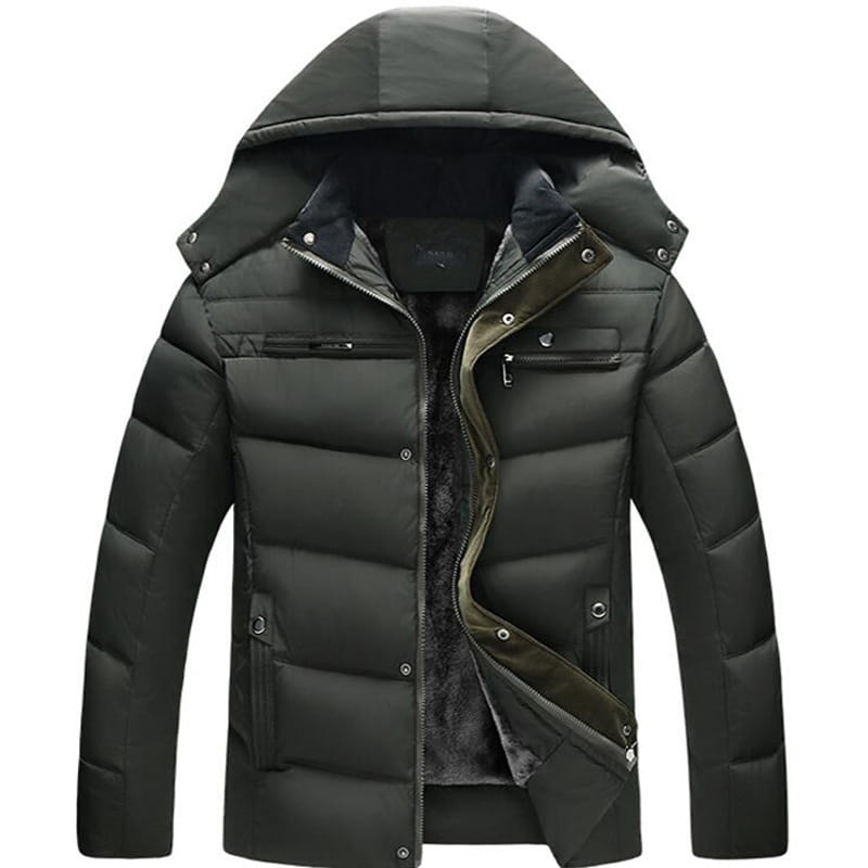 Dark green quilted hooded winter jacket with plush fleece lining and olive-green zipper accents designed for cold weather.