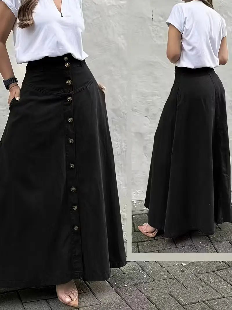 Jupe longue maxi noire à taille haute, avec fermeture boutonnée devant et poches latérales, adaptée à un usage décontracté et formel.