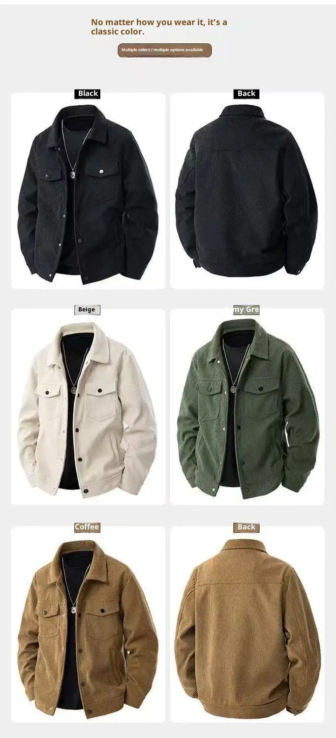 Herren-Cord-Arbeitsjacke im klassischen Schwarz mit Knopfverschluss vorne und zwei Brusttaschen aus weichem Cordstoff, konzipiert für lockere, lässige Kleidung mit Reverskragen.